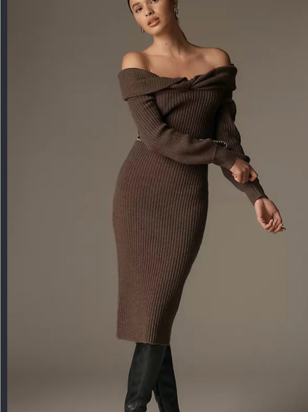 Astr Off-the-Shoulder Ribbed Knit Midi Dress in Brown